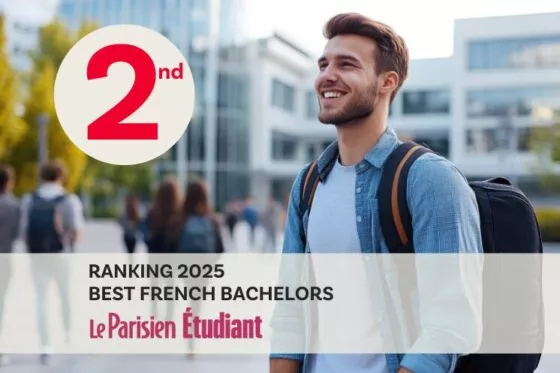 visuel representant un etudiant avec un sac à dos souriant devant un batiment. L'image a aussi un logo avec marqué 2n