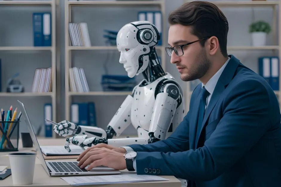 robot et homme assis cote à cote