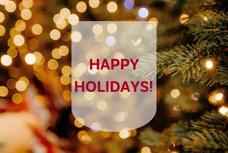 picture with lights, christmas tree and message happy holidays