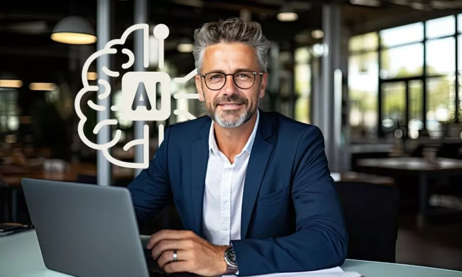 homme derrière un pc portable souriant a coté d'un logo IA